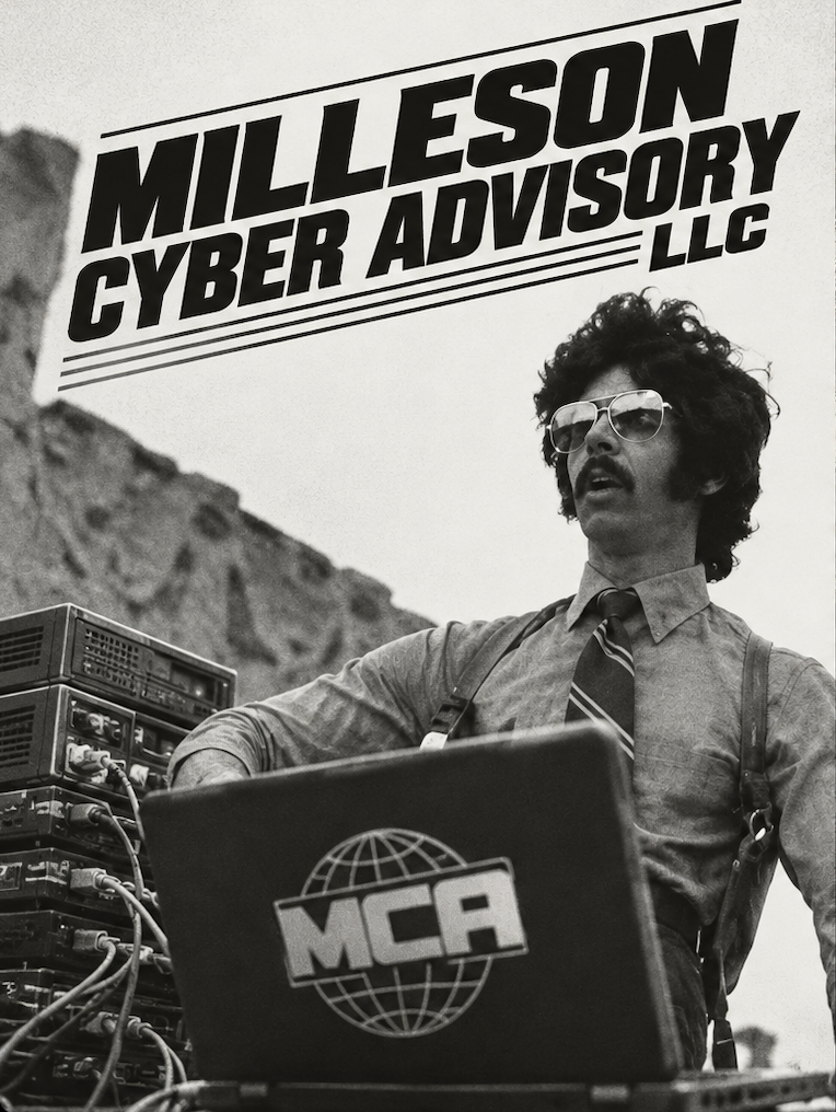 Milleson Cyber Advisory LLC black-and-white promotional artwork featuring a technology workstation